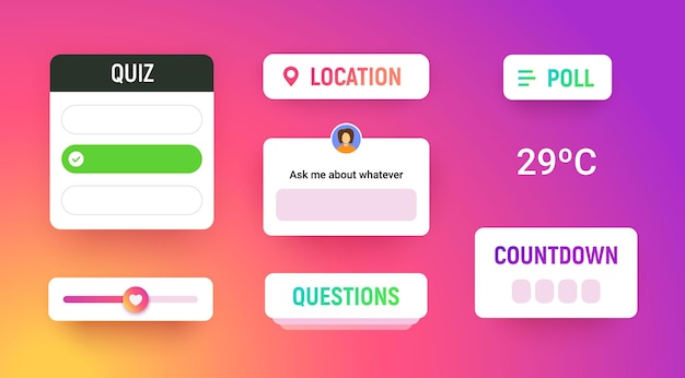 Vector big social media sticker pack with location label quiz countdown poll icon woman avatar ask