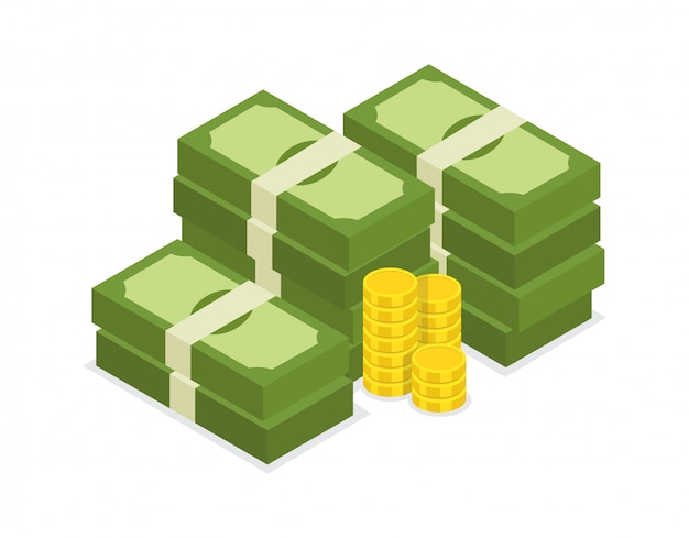 Vector big stacked dollar pile of cash and gold coins