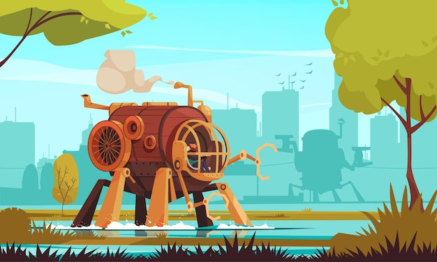 Big steampunk vintage machine with robotic arms and man in cabin outdoors cartoon illustration