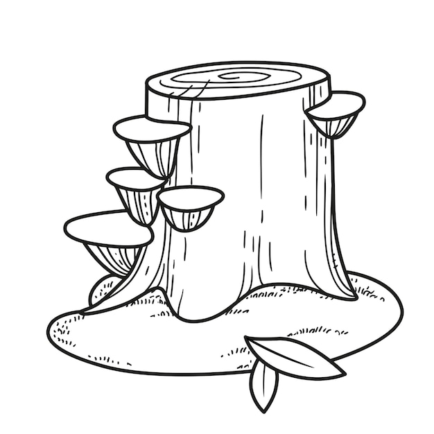 Vector big stump with parasitic overgrowth toadstools and moss linear drawing for coloring isolated on white background