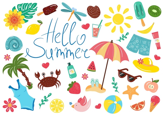 Big summer icon set with crab fruits ice cream Hand draw cartoon elements Flat vector illustration