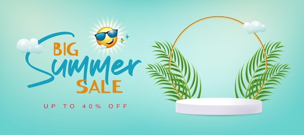 Big summer sale banner template product podium with summer elements