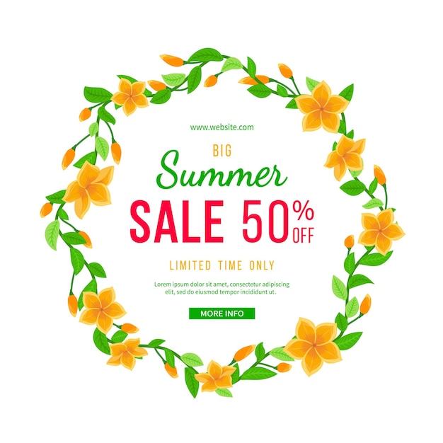 Big summer sale OFF. Round frame design with a liana of leaves, buds and flowers. Banner, flyer