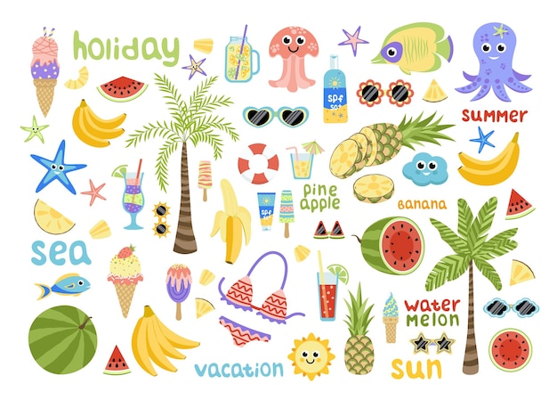 Big summer set with cute beach elements fruits ice cream cocktail Flat cartoon vector