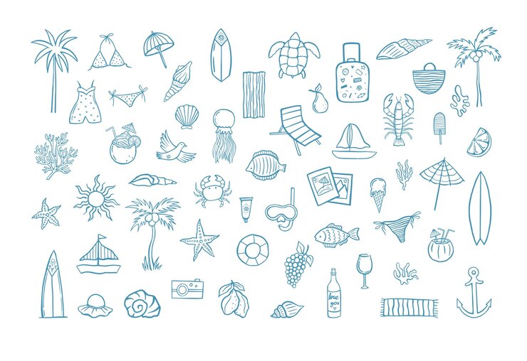Big summer vacation clipart set Hand drawn doodle icons palm trees swimsuits beach drinks