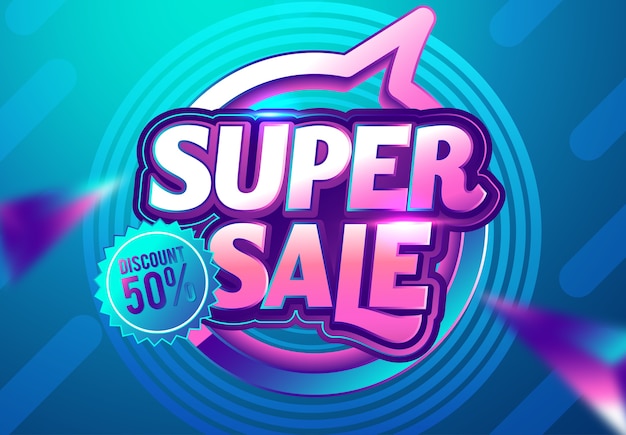 Big super sale horizontal banner. colorful geometric background