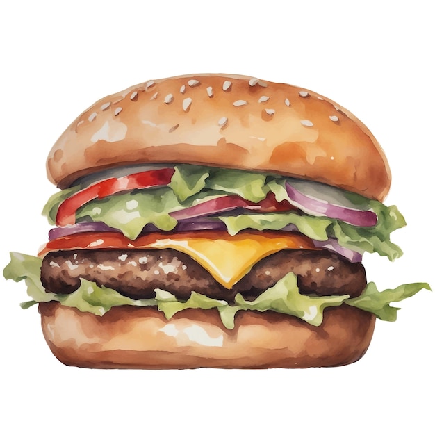 Vector big tasty burger watercolor illustration isolated on white background cut out