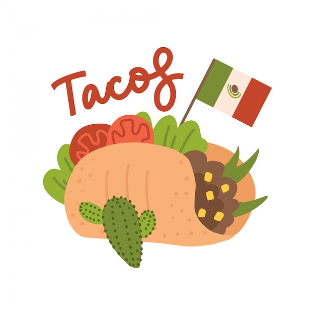 メキシコの旗を持つ大きなおいしいタコスコンセプト。タコスメキシコ料理。白い背景に分離された伝統的なタコス。レタリングと平らな手描きイラスト