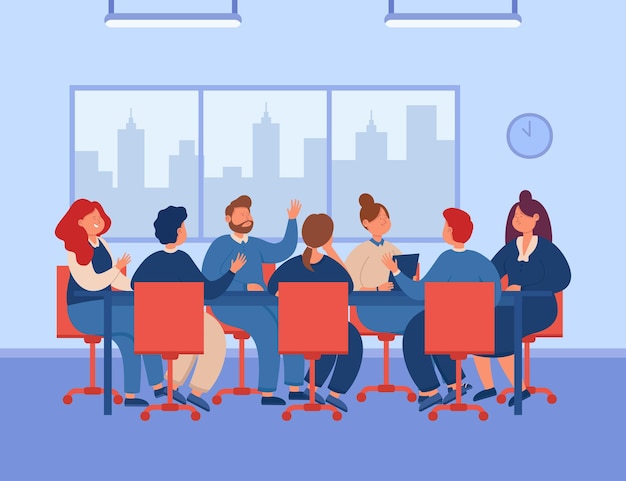 Big team of politicians or office people talking in boardroom. Men and women sitting in circle with female corporate leader or CEO flat vector illustration. Business strategy, authority concept