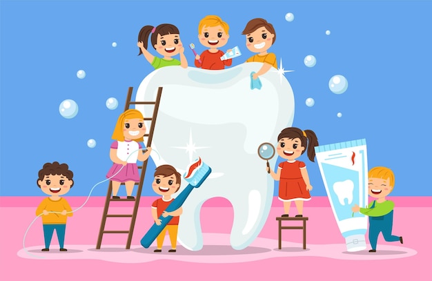 Большой зуб и дети гигиена полости рта ортодонтический образовательный плакат детская группа вокруг большого белого зуба чистящие средства зубная паста и зубная щетка детская стоматологическая клиника векторная концепция мультфильма