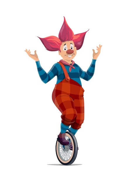 Vector big top circus clown in red wing on unicycle