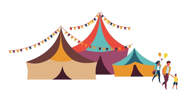 Premium Vector | Big top circus family and weekend entertainment color tents vector mother father and kid with balloons show or performance spectators fun fair carnival or fairground amusement and festival event