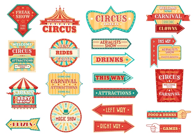 Big top circus show retro signs, glowing arrow pointers.