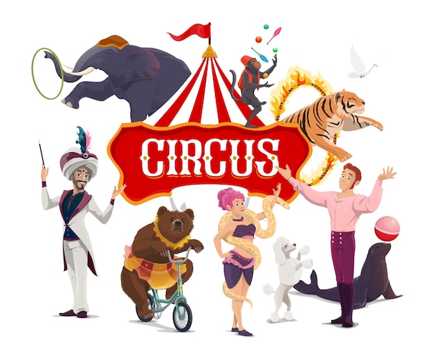 Big top tent circus toont artiesten vector poster