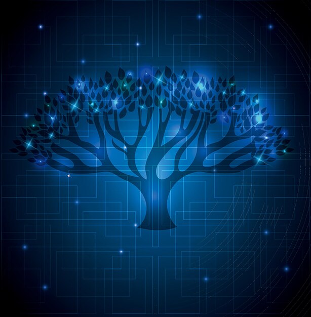 Vector big tree abstract blue background with light lines at the background