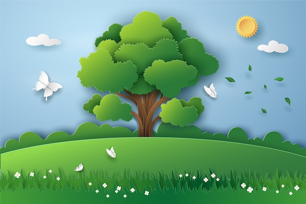 Вектор Большие дерево и бабочка в ландшафте зеленой природы с энергией eco и концепцией окружающей среды. дизайн иллюстрации искусства вектора в стиле отрезка бумаги.