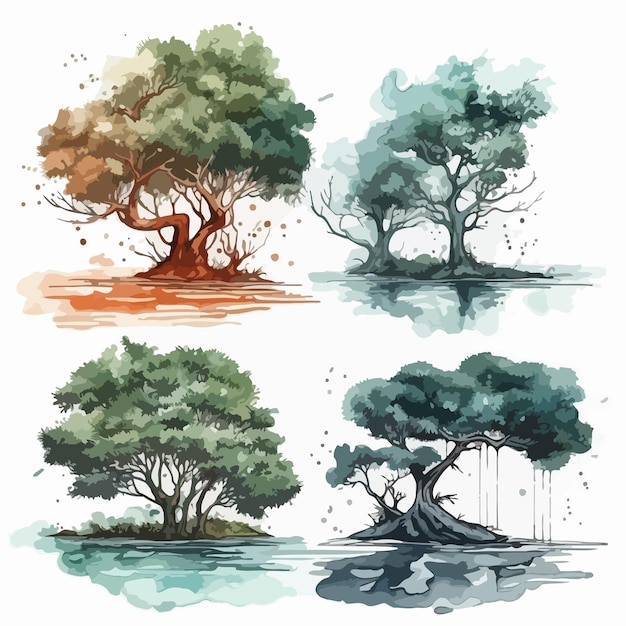 Большой набор деревьев Пакет акварельной живописи "Дерево"