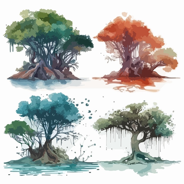 Grande set di alberi pacchetto di pittura ad acquerello albero