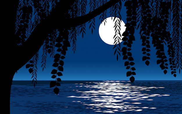 Vector big tree silhouette and full moon night landscape