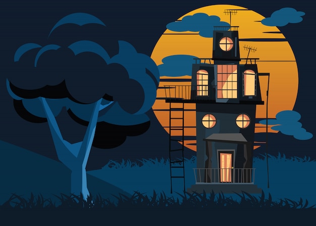 Vector big tree and spooky house vector illustration