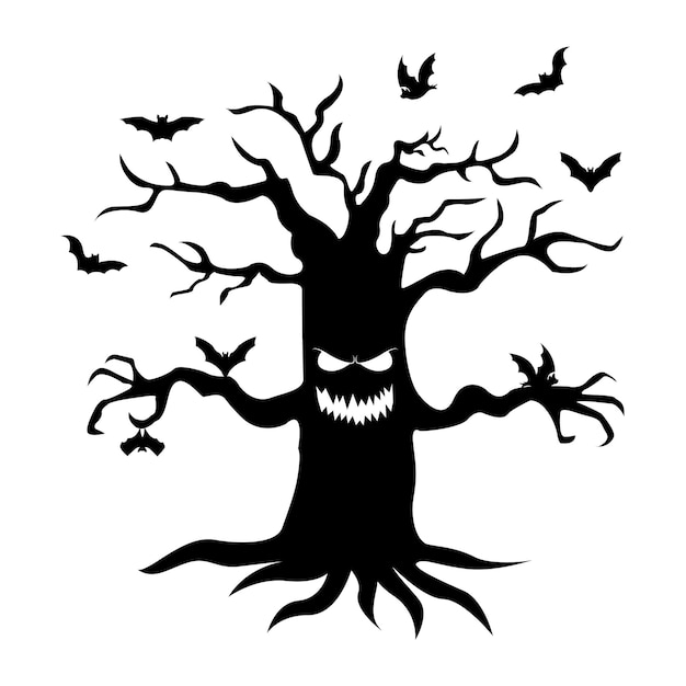 Grande albero con occhi bocca braccia e radici halloween