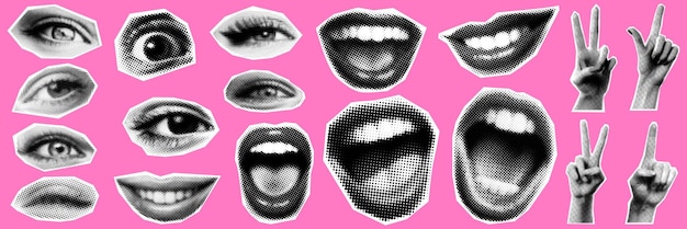 Big trendy halftone collage sticker set hand gestures lips eyes