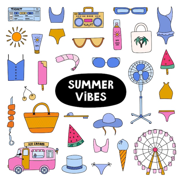 Big trendy set about summer holiday tropical beach hot weather summer rest hand drawn vector vacation set in flat style isolated doodle and clipart seasonal drinks entertainment outfits