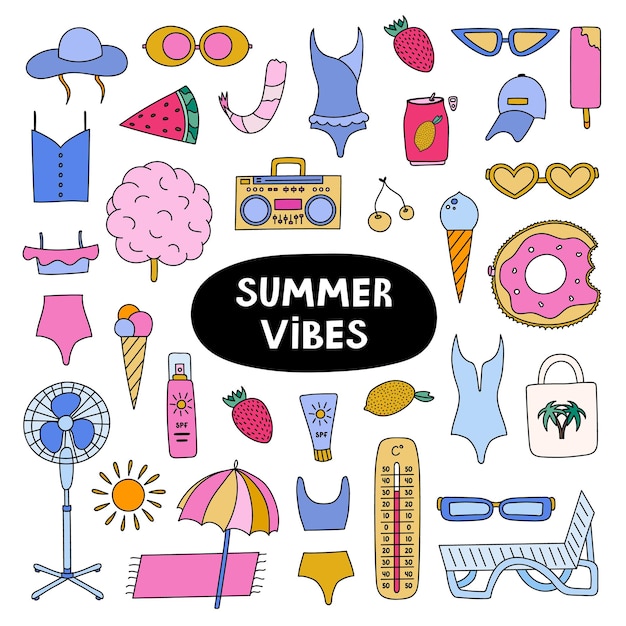 Big trendy set about summer holiday tropical beach hot weather summer rest Hand drawn vector vacation set in flat style Isolated doodle and clipart Seasonal drinks entertainment outfits