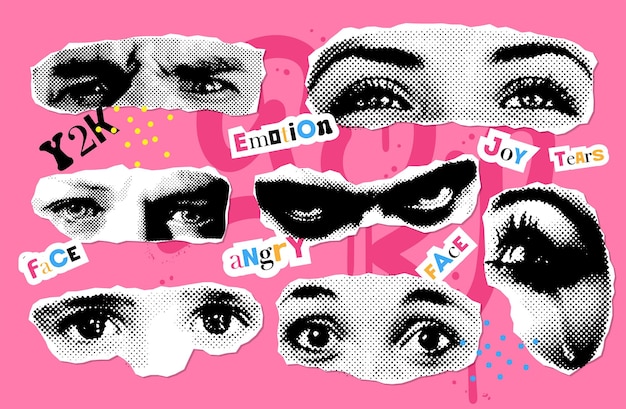 Big trendy vintage halftone collage sticker set human eyes with different emotions retro offset prin