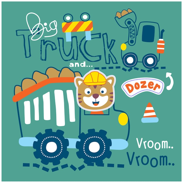 Vector big truck and digger funny animal cartoon