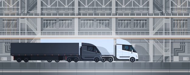 벡터 산업 창고 컨테이너 배달 운송화물 개념에 큰 트럭 트레일러