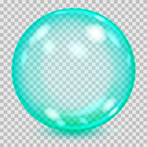 Big turquoise transparent glass sphere with glares and shadow