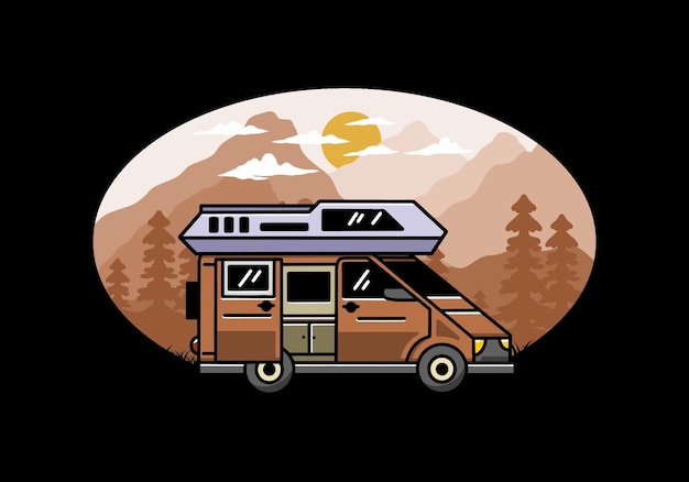 Vector big van with sliding door for camping illustration badge design