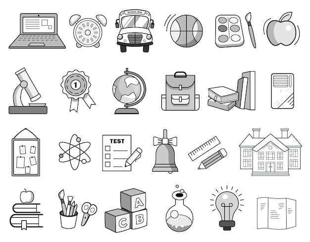 Big vector collection of black and white school icons Cartoon icons education school