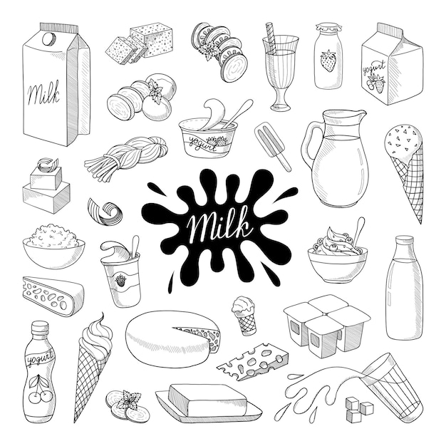 Big vector collection of milk and dairy products on a white background