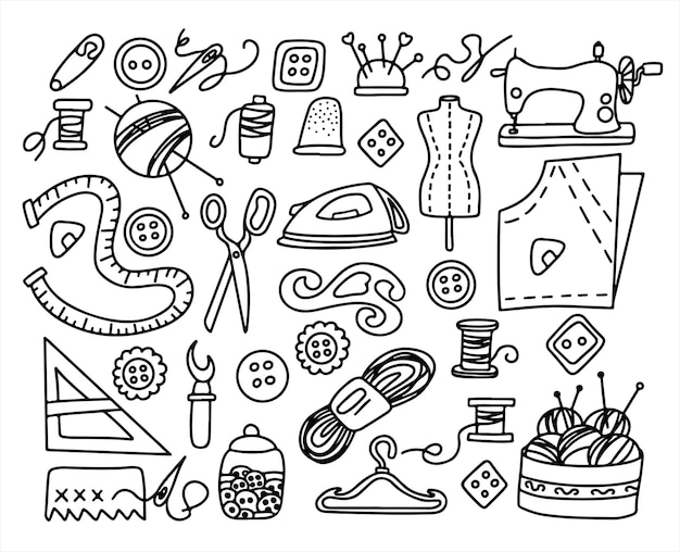 Big vector doodle sewing set vector tailoring tools icons sewing mannequin machine measuring and cut...