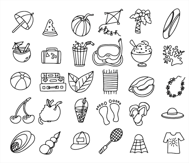 Un grande vettore doodle set estivo accessori per vacanze al mare in riva al mare design piatto illustrazione fo