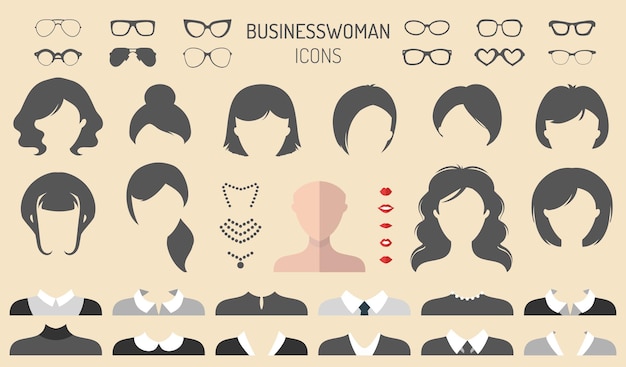 Big vector set of dress up constructor with different businesswoman haircuts, glasses, leaps, wear.