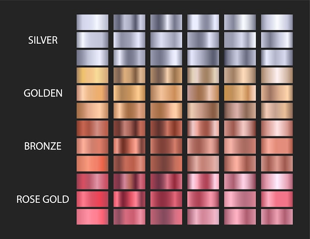 Big vector set metallic gradients, gold, silver, bronze, rose gold.