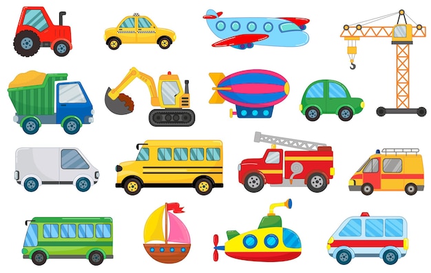 Big vector set of transport and cars in funny cartoon style