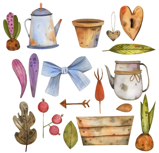 Big watercolor garden set with a teapot