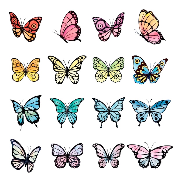 カラフルな蝶の大きな水彩セット。プリント、ステッカー、ポスターに最適です。ベクトルイラスト