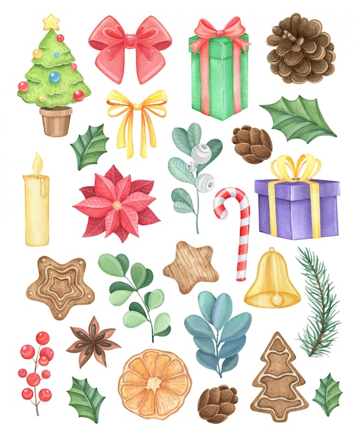 Big watercolor set with New Year and Christmas themes