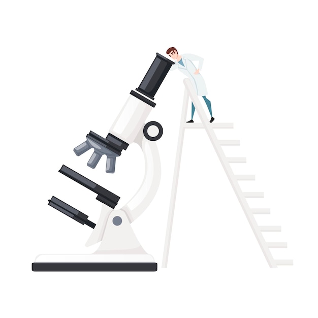 과학자와 함께 큰 흰색 현미경 흰색 배경에 사다리 만화 캐릭터 디자인 평면 벡터 일러스트 레이 션을 올라.