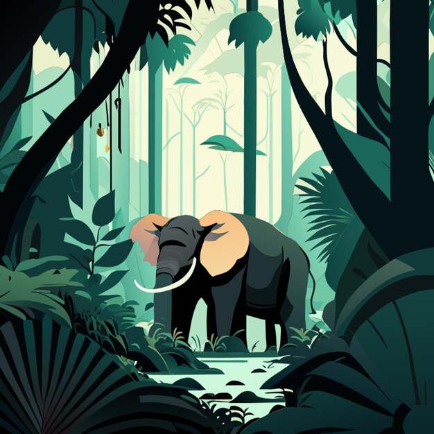 Vector big wild elephant in the dense forest vector illustration