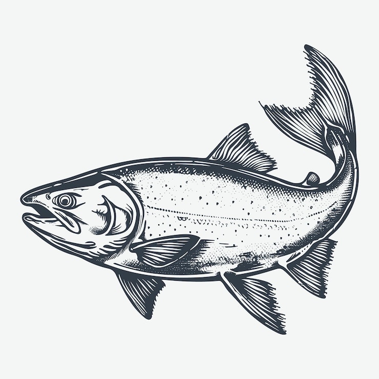 Vector 큰 야생 연어 해산물 빈티지 목조 조각 그림 터