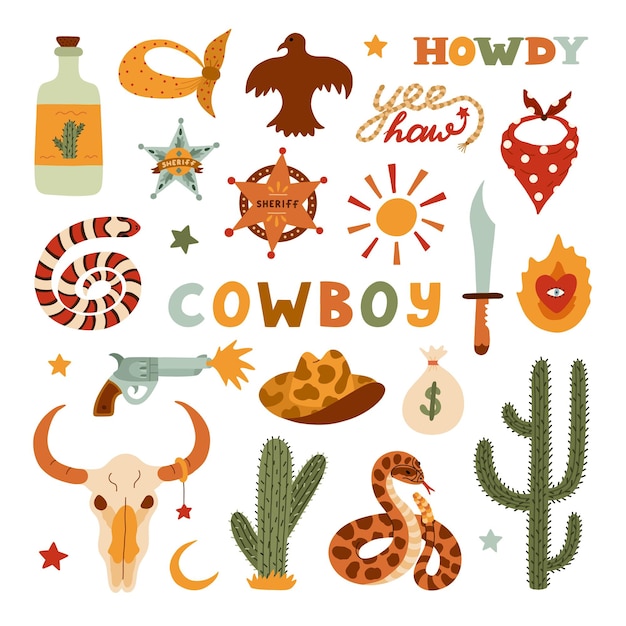 Big Wild West and cowboy set in trendy flat style Hand drawn simple vector illustration with western boots hat snake cactus bull skull sheriff badge star Cowboy theme with symbols of Texas