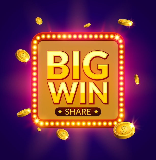 Вектор Светящийся ретро-баннер big win для онлайн-казино, игровых автоматов, карточных игр, покера или рулетки. дизайн призов джекпота с фоном монет. знак победителя.