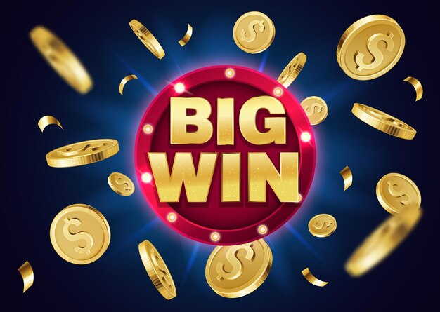 Vector big win golden text with red glowing round frame and explosion of gold coins and confetti gambling vector big win poster for casino or online games