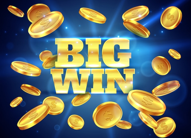 Big win. Prize label with gold flying coins, winning game. Casino cash money jackpot gambling  abstract background